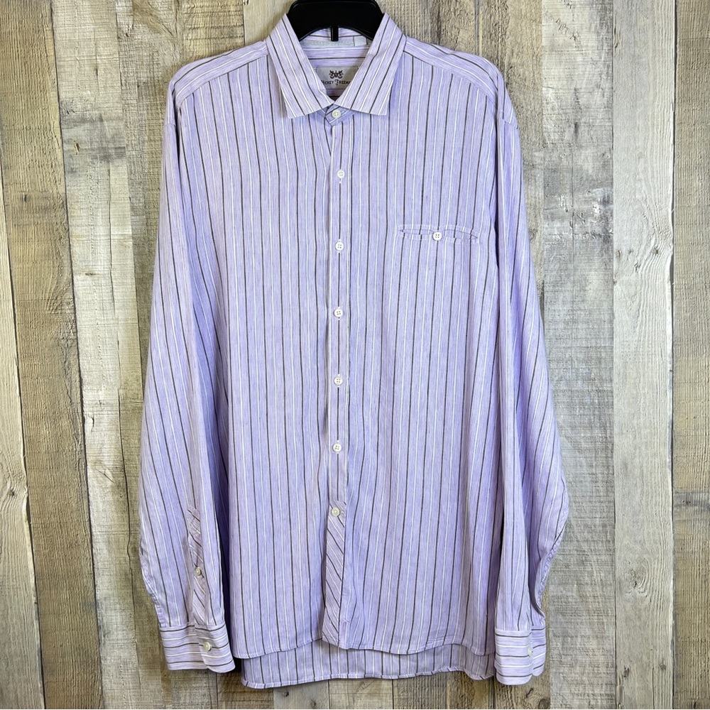Hickey Freeman Size XL Purple & White Stripe Button Front Shirt 1 Button…